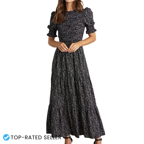 Boho Maxi Dress Flowy Smocked Bust Tiered Ruffle Sleeves Pockets Summer